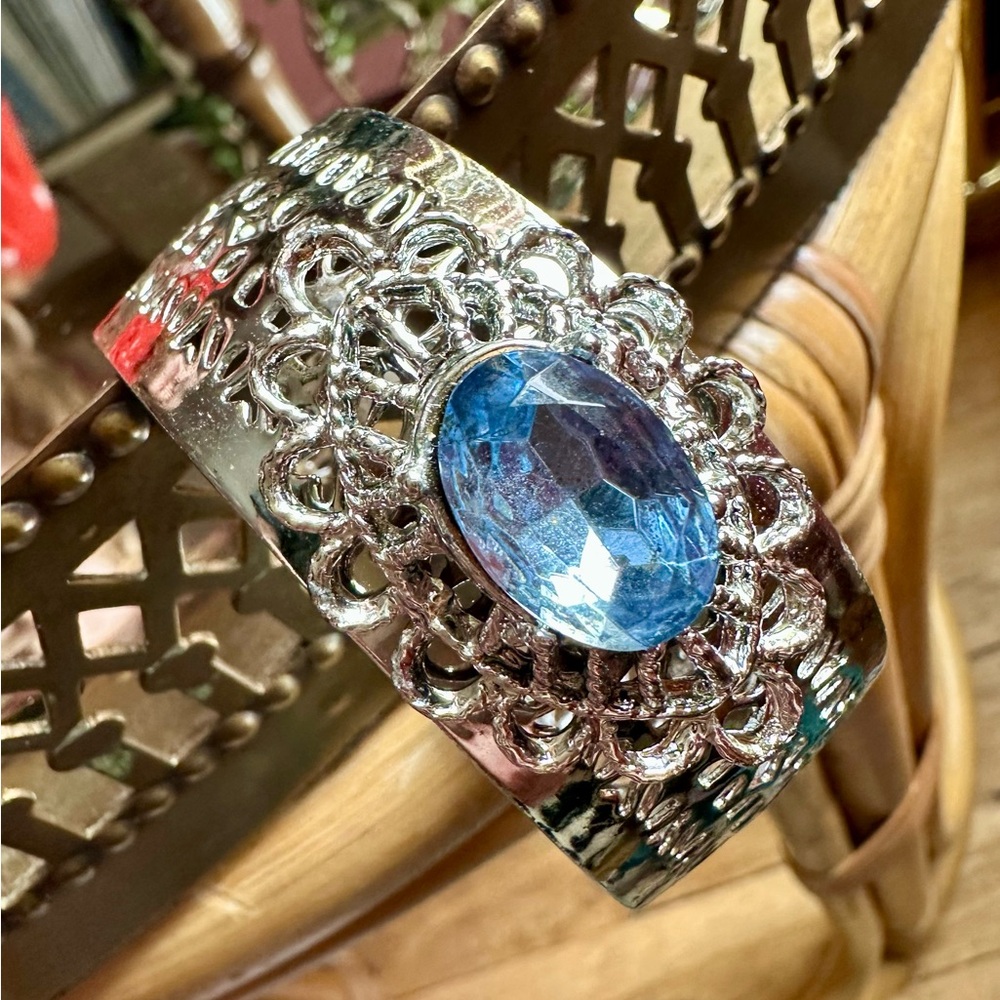1960's Icy Blue Rhinestone Silver Eye Filigree Cuff Bracelet